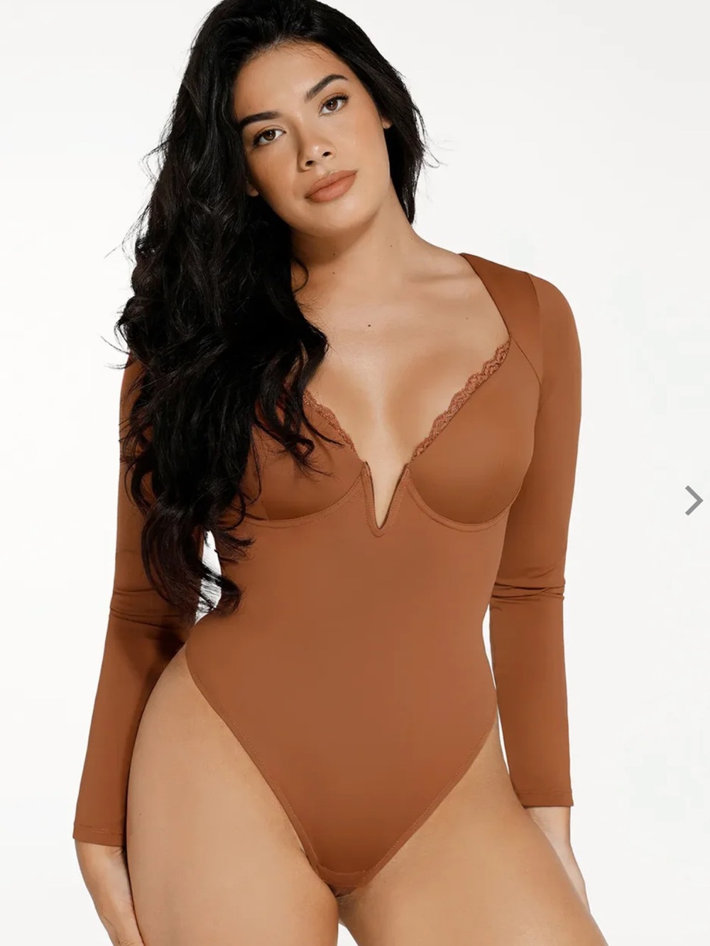 Popilush Plunge V-Neck Long Sleeve Bodysuit - Brown